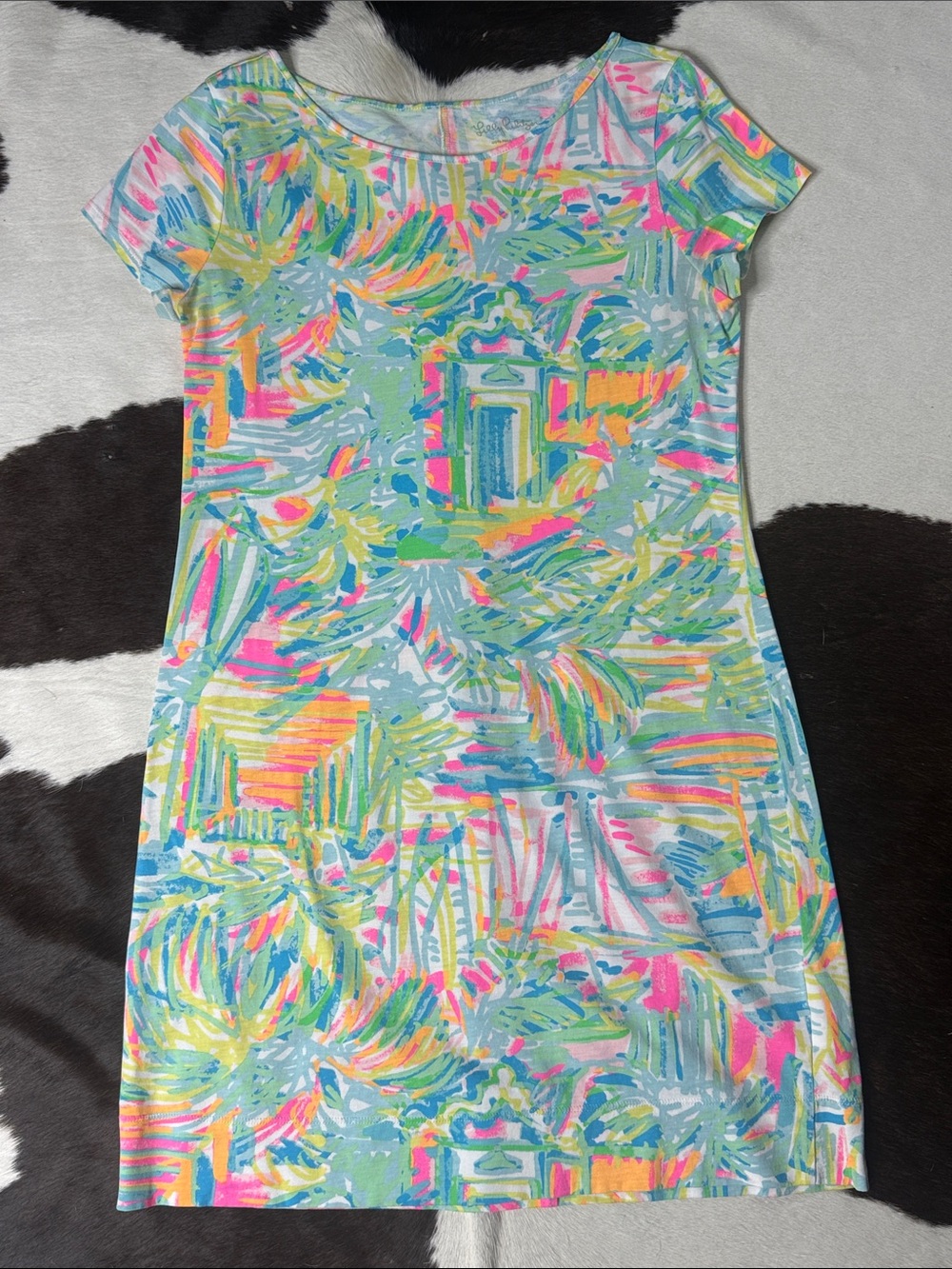 Lilly Pulitzer Neon Palm-Print Short Sleeve Dress - Blue, Pink, Yellow, Green